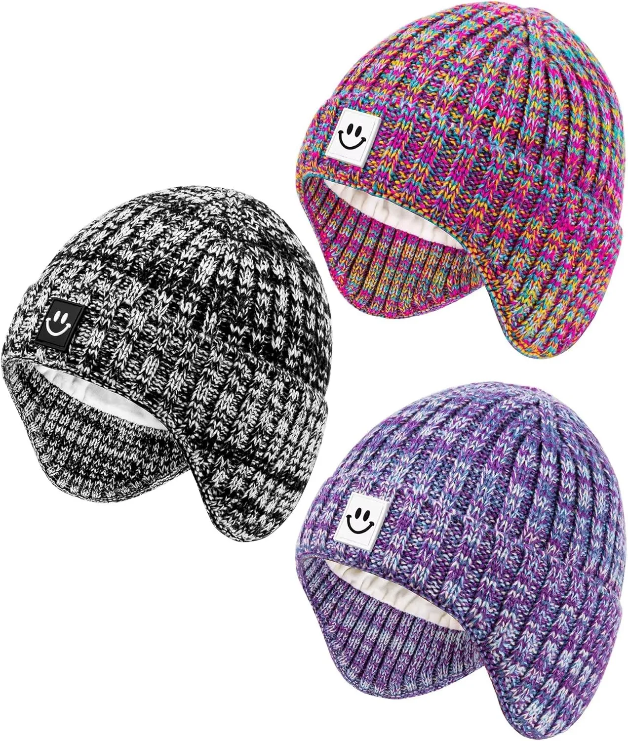 3 Pack Baby Beanie Hats with Earflaps, 2 Size Baby Winter Hat for Infant Toddler Kids, Fleece Lined Knit Hat for Girls Boys