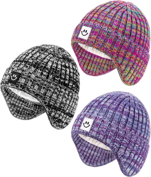 3 Pack Baby Beanie Hats with Earflaps, 2 Size Baby Winter Hat for Infant Toddler Kids, Fleece Lined Knit Hat for Girls Boys