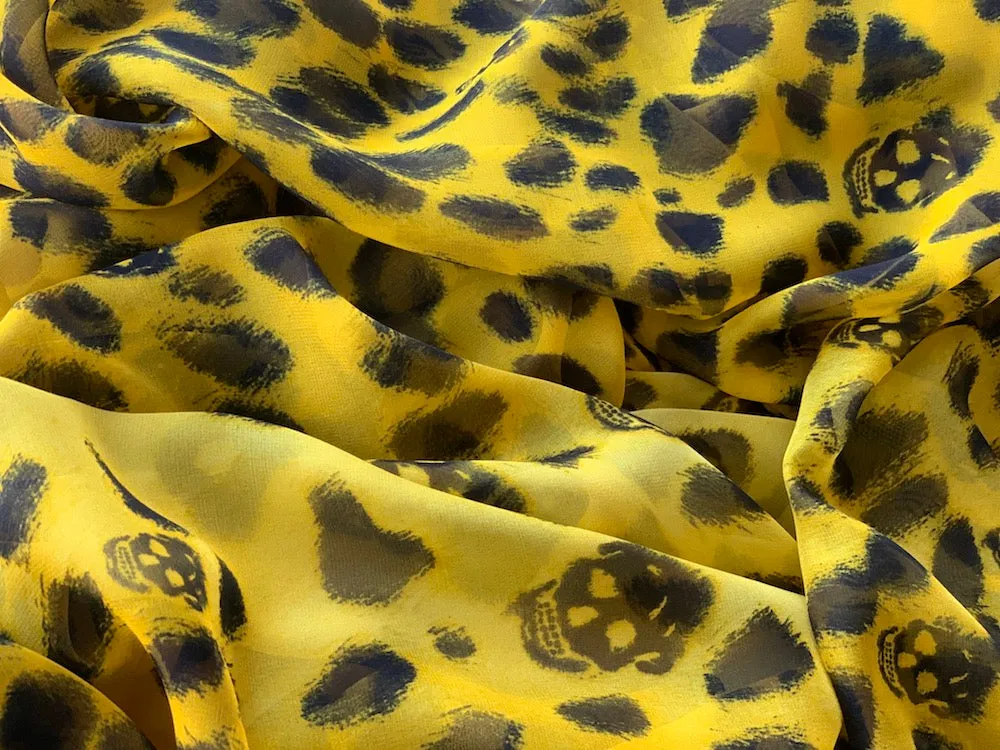 57" Panel - A. McQueen Cadmium Spots & Skulls Silk Chiffon (Made in Italy)