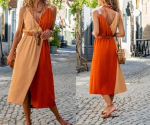 Brick & Beige Straw Strap Double Breasted Color Block Airobin Dress,Maxi Dress,Sleeveless Dress-Boho Womens Dress-Casual Dress,Vintage Dress