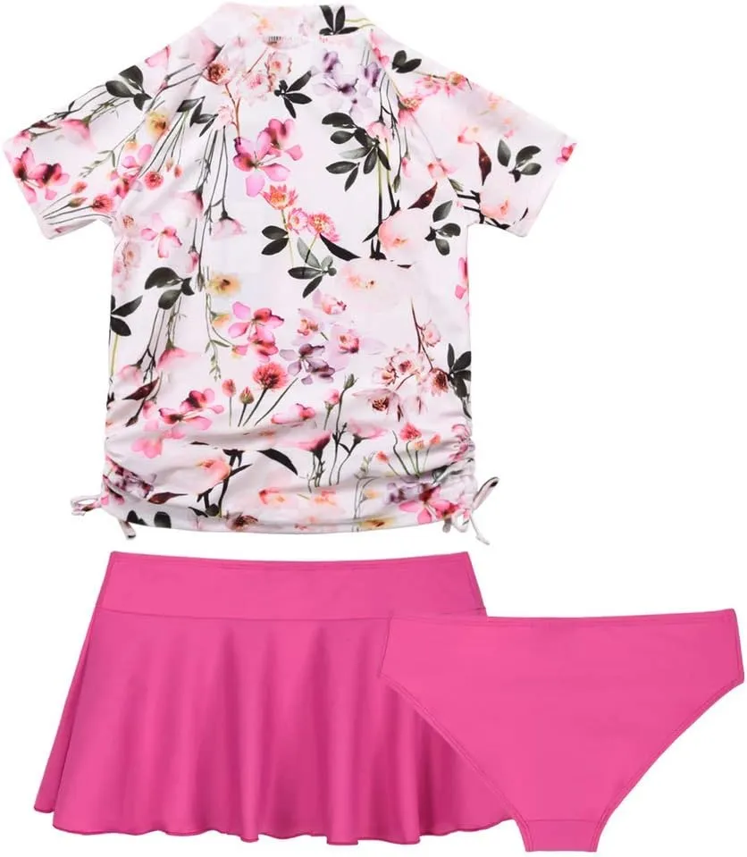 Cadocado Girls Rash Guard Swimwear 3 Pieces Bathing Suit UPF 50  Floral Swim Set Short Sleeve Swimsuit with Skirt