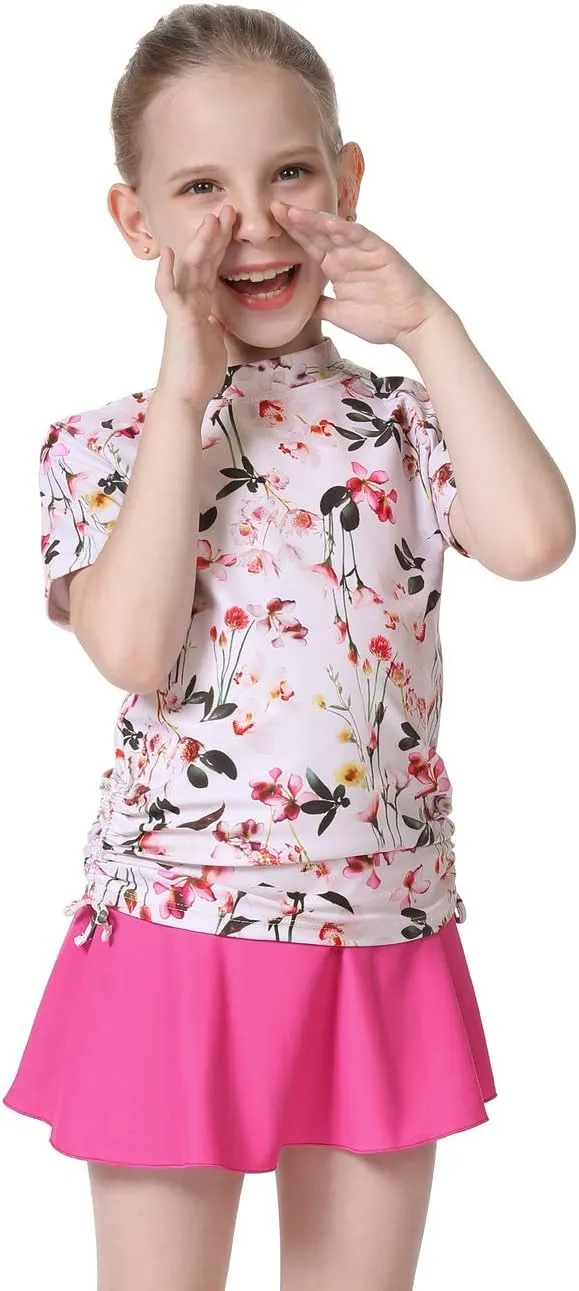 Cadocado Girls Rash Guard Swimwear 3 Pieces Bathing Suit UPF 50  Floral Swim Set Short Sleeve Swimsuit with Skirt