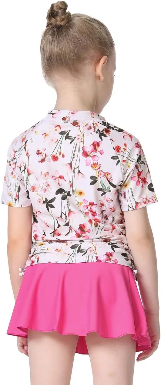 Cadocado Girls Rash Guard Swimwear 3 Pieces Bathing Suit UPF 50  Floral Swim Set Short Sleeve Swimsuit with Skirt