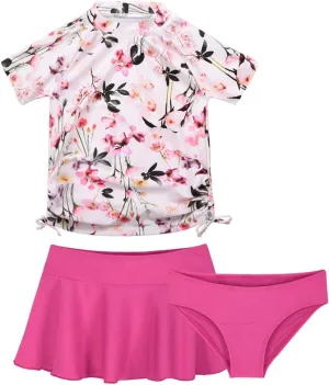 Cadocado Girls Rash Guard Swimwear 3 Pieces Bathing Suit UPF 50  Floral Swim Set Short Sleeve Swimsuit with Skirt
