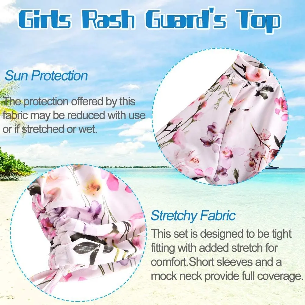 Cadocado Girls Rash Guard Swimwear 3 Pieces Bathing Suit UPF 50  Floral Swim Set Short Sleeve Swimsuit with Skirt