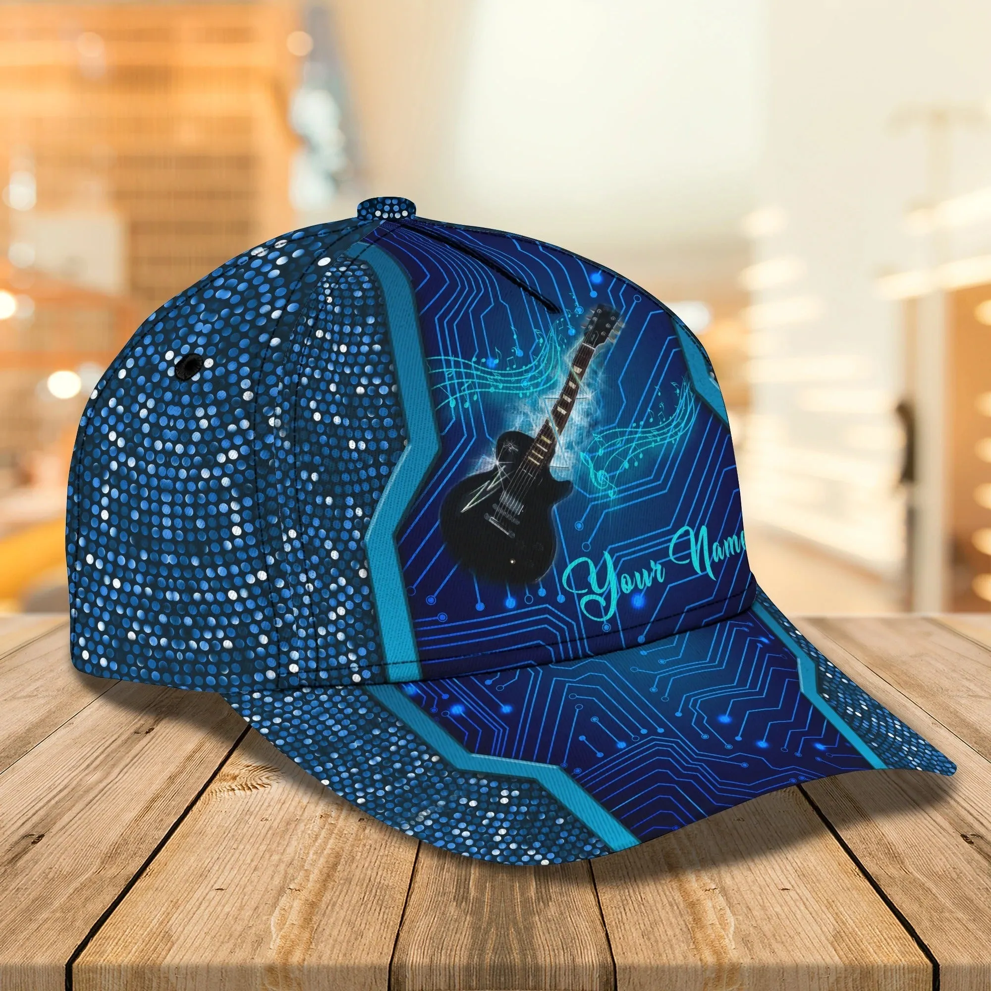 Custom Blue Guitar Baseball 3D Cap For Man And Woman, Colorful Classic Cap For Guitarist Musican