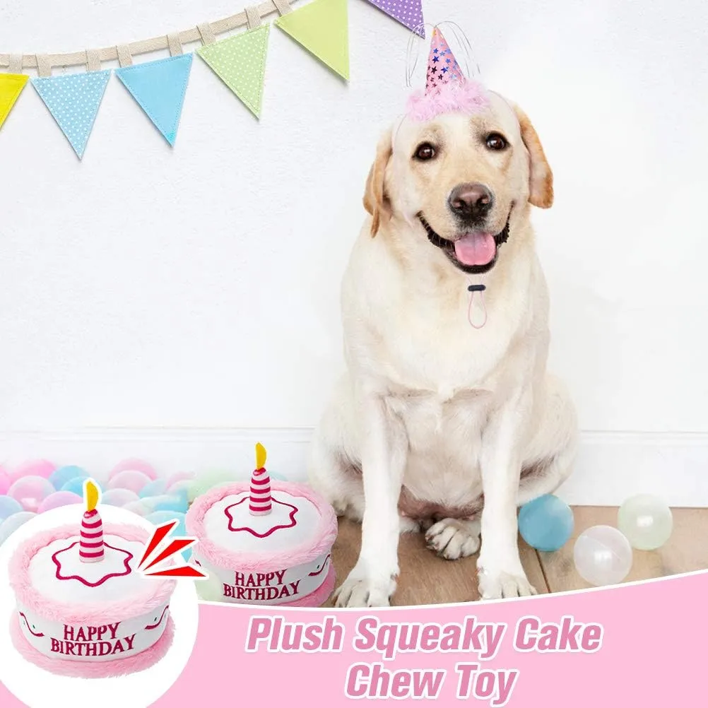 Dog Birthday Bandana Set - Cute Hat and Squeaky Cake Toy for Birthday Party Supplies Gift - Great for Small Medium Large Dogs Pink