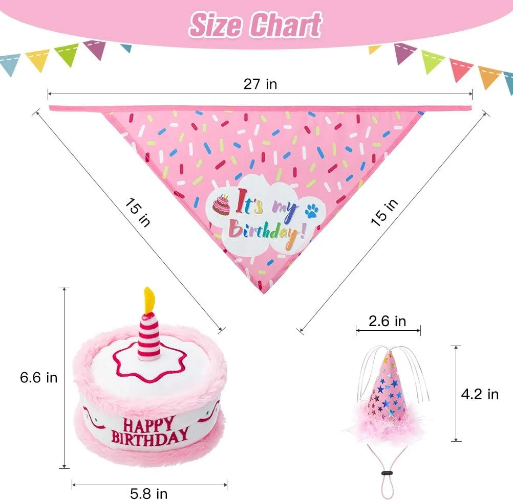 Dog Birthday Bandana Set - Cute Hat and Squeaky Cake Toy for Birthday Party Supplies Gift - Great for Small Medium Large Dogs Pink