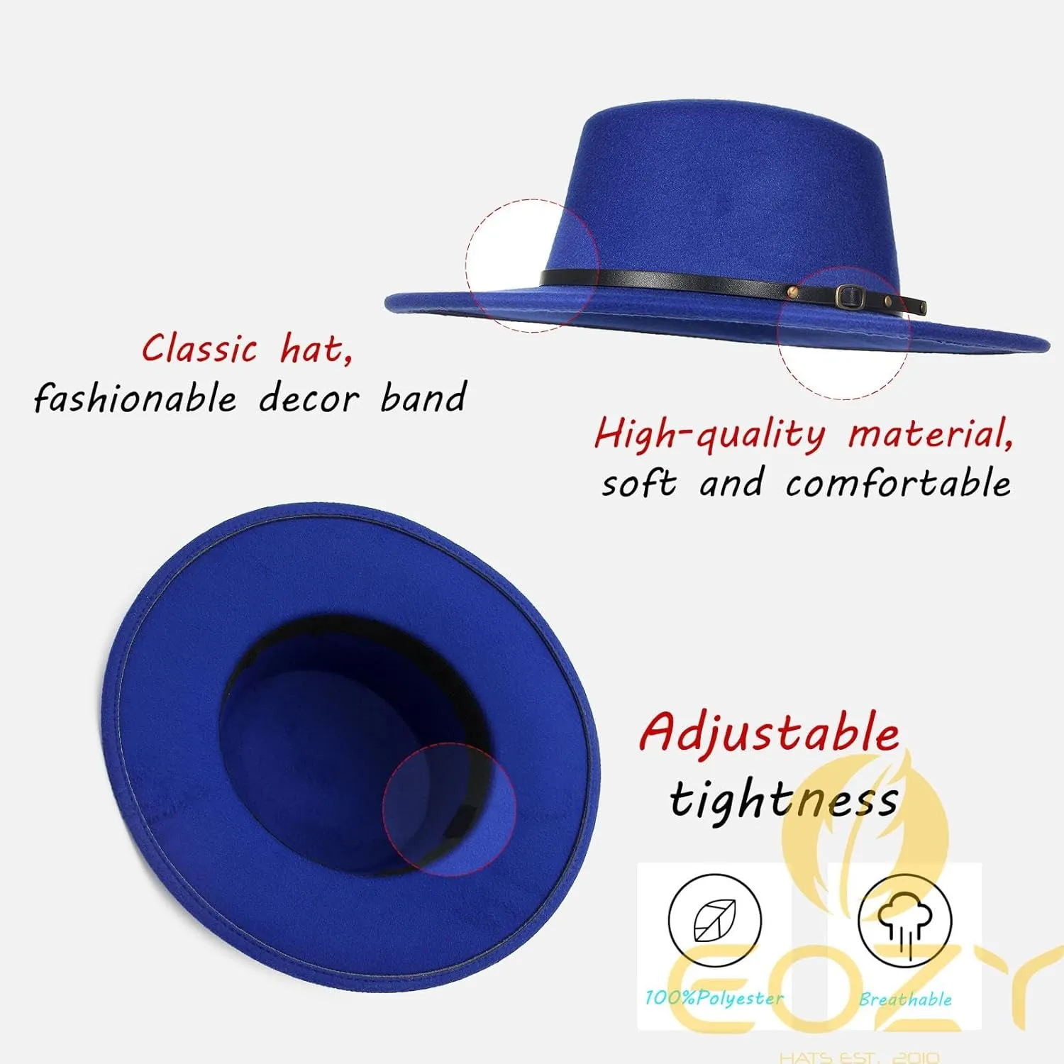 EOZY Women Men Classic Felt Fedora Hat Wide Brim Flat Top Jazz Panama Hat Casual Party Church Hat