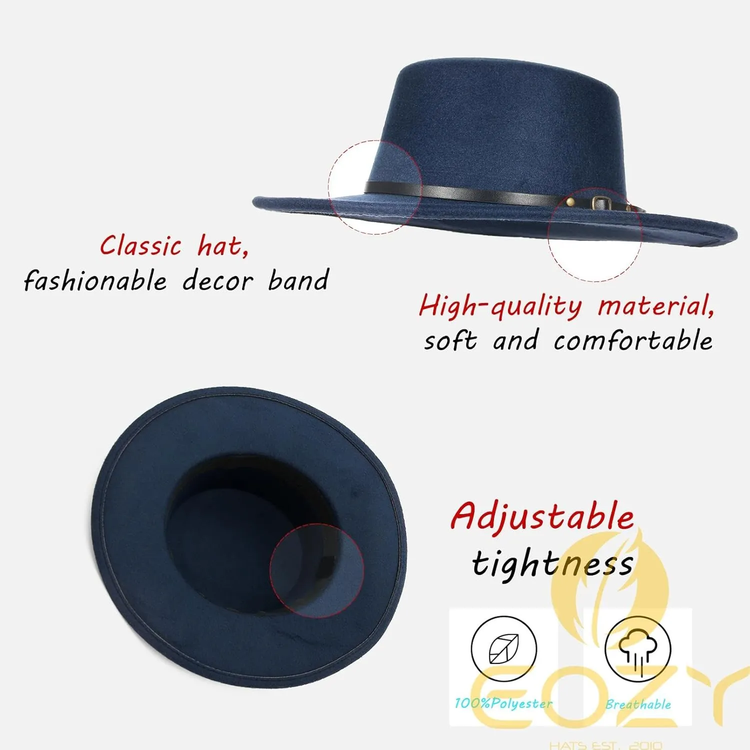 EOZY Women Men Classic Felt Fedora Hat Wide Brim Flat Top Jazz Panama Hat Casual Party Church Hat