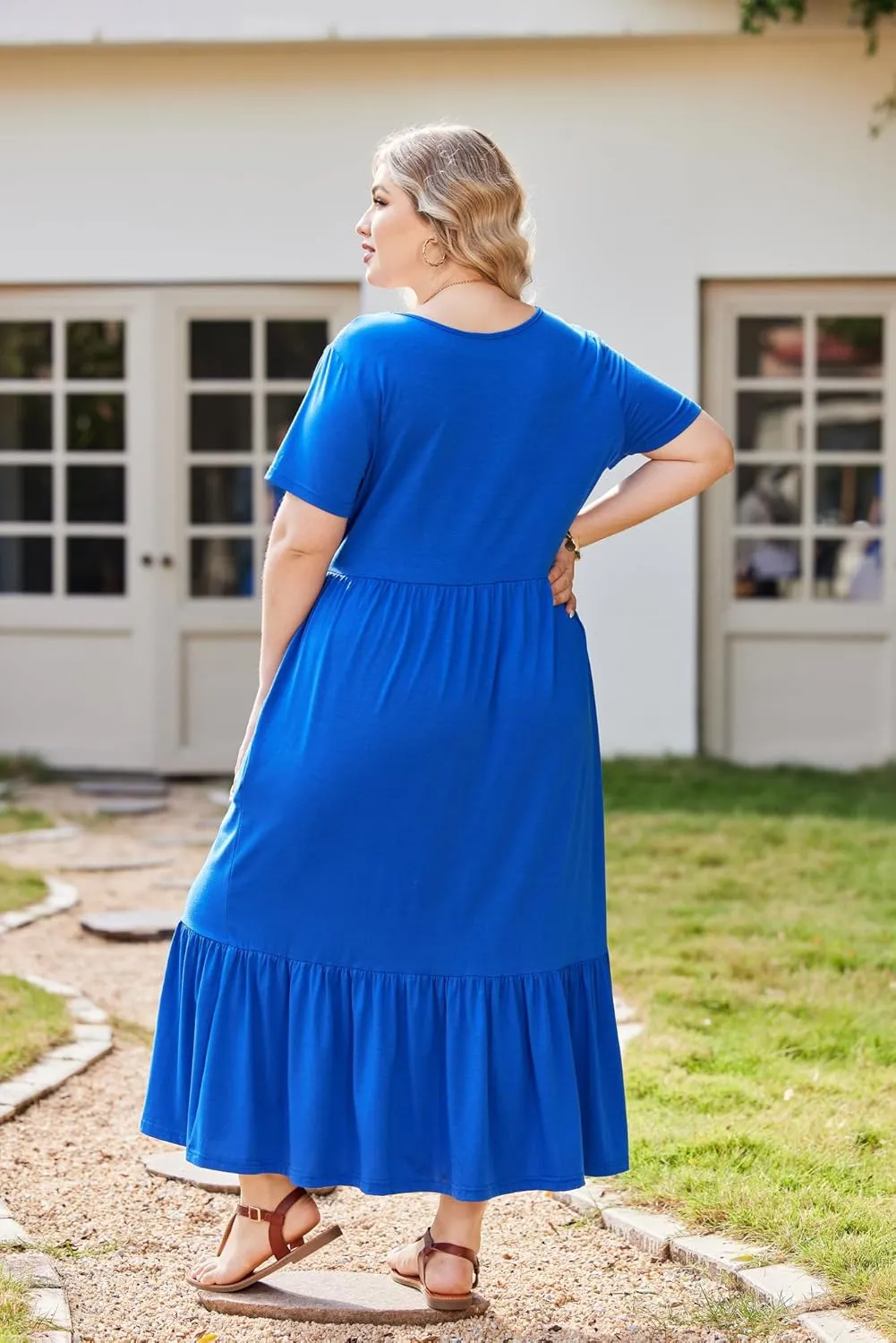 IN'VOLAND Women Plus Size Short Sleeve Dress Loose Plain Casual Summer Flowy Tiered Long Maxi Dresses with Pockets