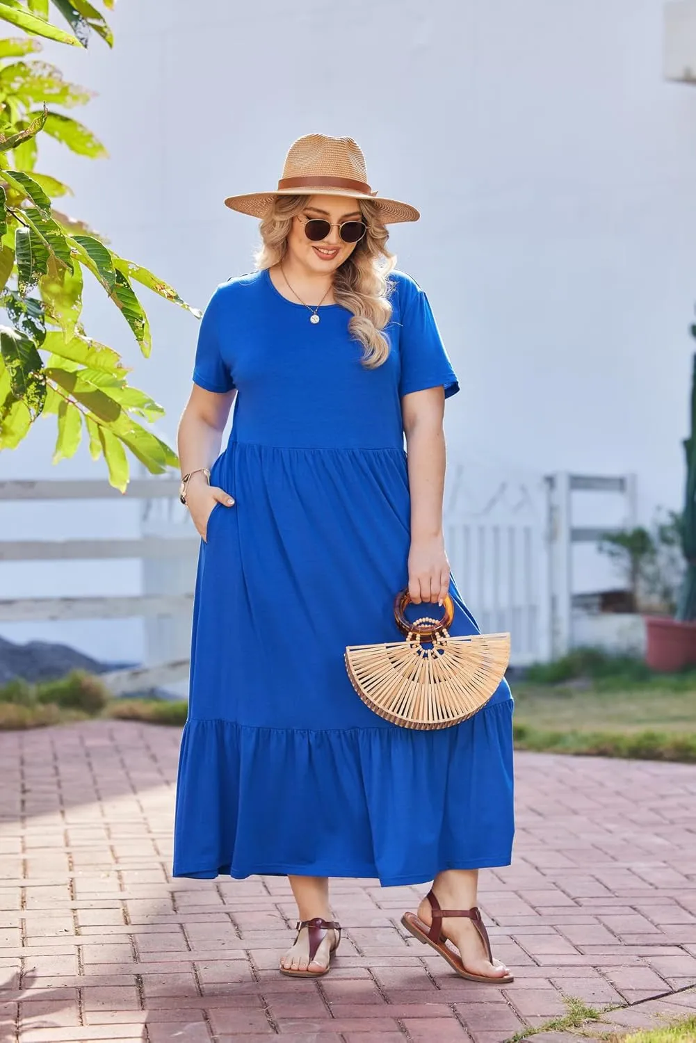 IN'VOLAND Women Plus Size Short Sleeve Dress Loose Plain Casual Summer Flowy Tiered Long Maxi Dresses with Pockets