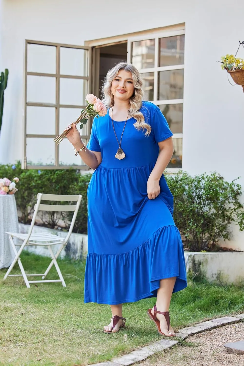 IN'VOLAND Women Plus Size Short Sleeve Dress Loose Plain Casual Summer Flowy Tiered Long Maxi Dresses with Pockets