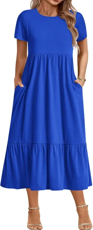 IN'VOLAND Women Plus Size Short Sleeve Dress Loose Plain Casual Summer Flowy Tiered Long Maxi Dresses with Pockets