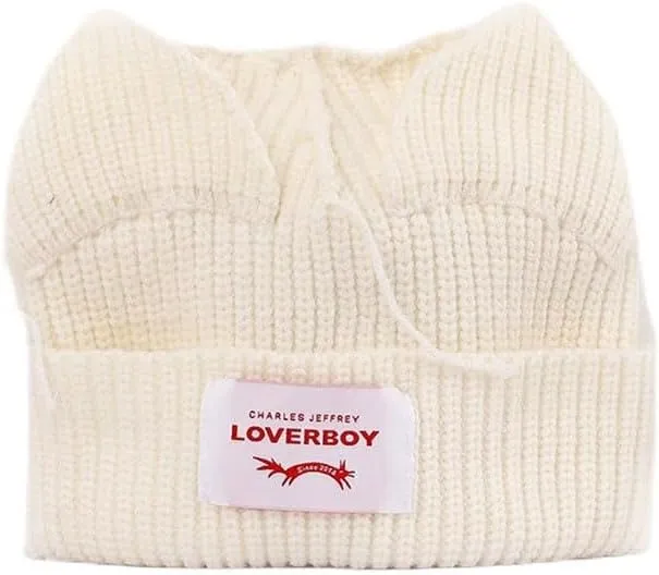 Knitted Beanie Hat - Cute Rabbit Long Ears Fun Fluffy Winter Warm Hat - White