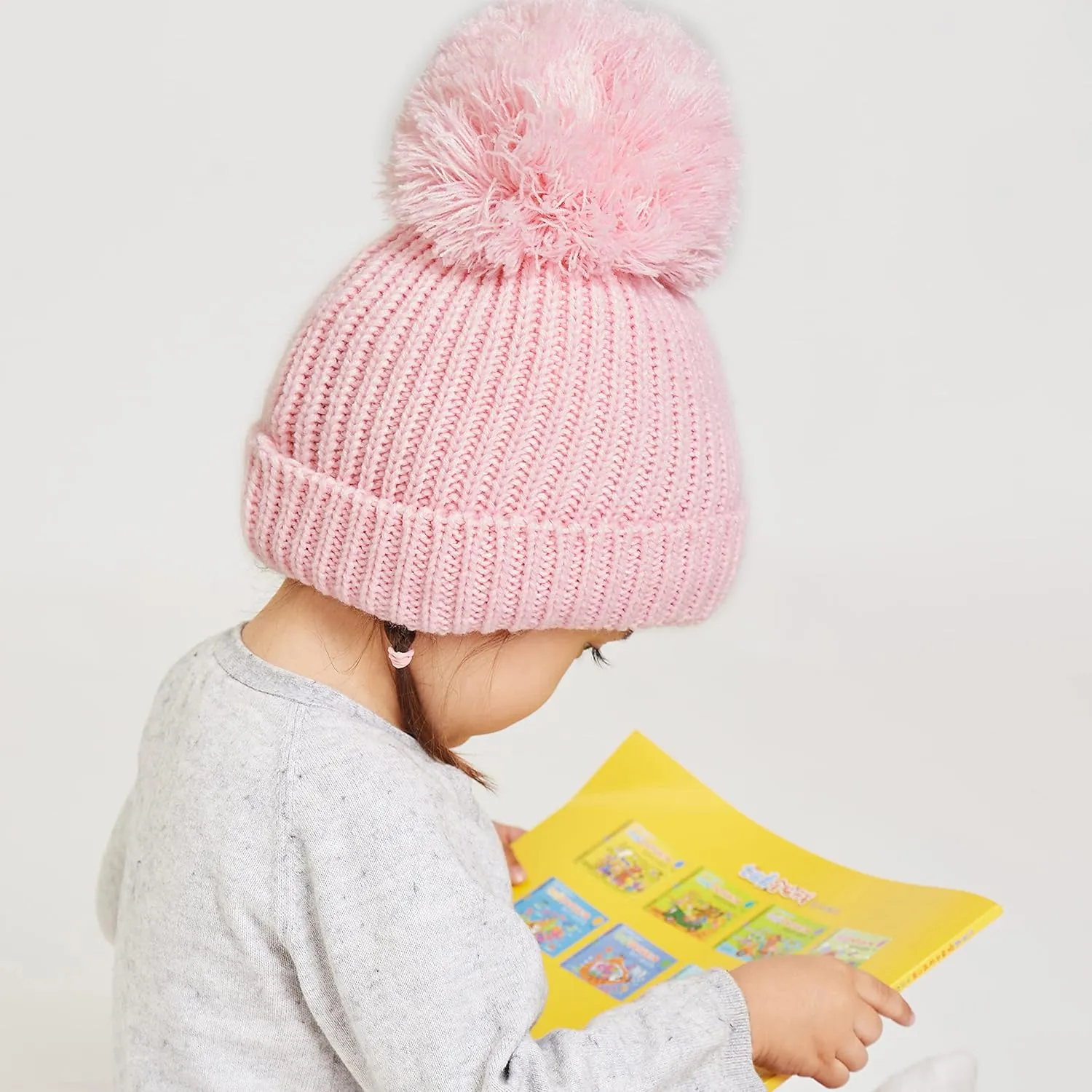 LANGZHEN Winter Warm Knitted Baby Hats for Girls Pom Pom Kid Toddler Boys Beanies Cap with Fleece Lining