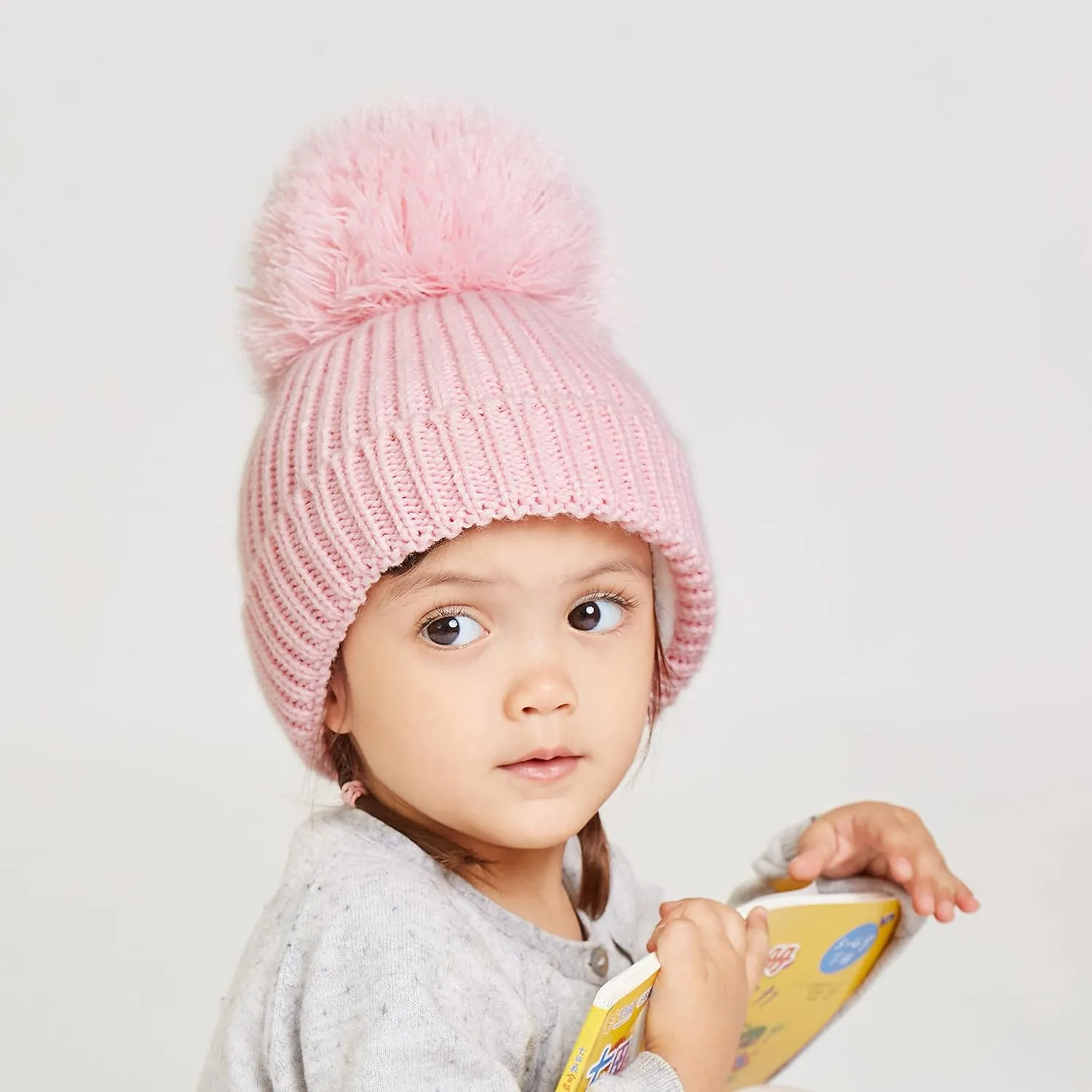 LANGZHEN Winter Warm Knitted Baby Hats for Girls Pom Pom Kid Toddler Boys Beanies Cap with Fleece Lining