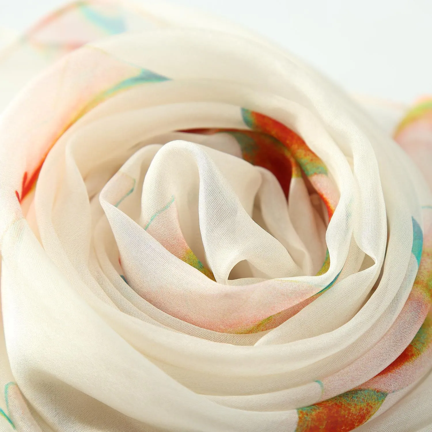 Long Silk Chiffon Scarf White Theme Floral Print SCH311