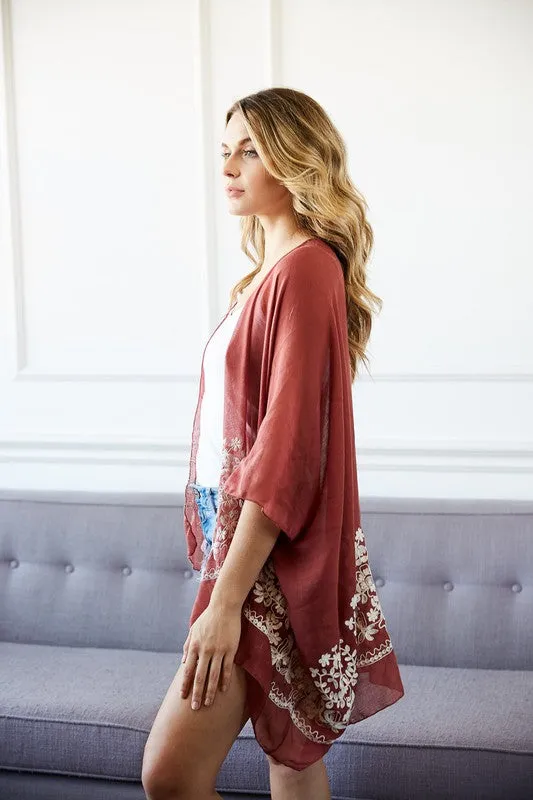 Rosewood Floral Embroidered Sheer Kimono Wrap Boho One Size Womens