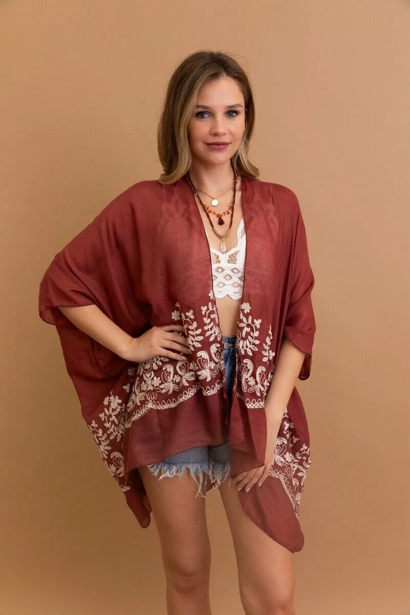Rosewood Floral Embroidered Sheer Kimono Wrap Boho One Size Womens