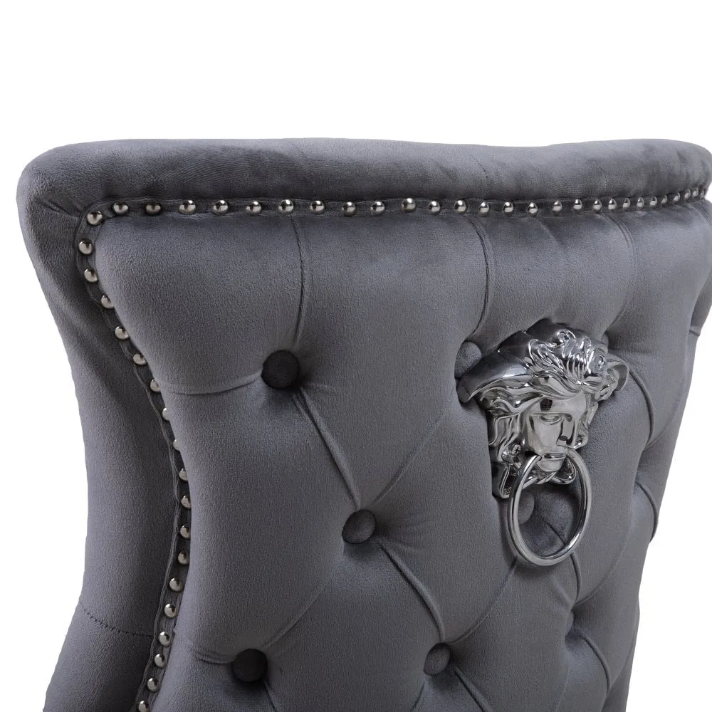 Set of Two Neo Grey Studded Velvet Dining Table Chairs with Mirrored Legs