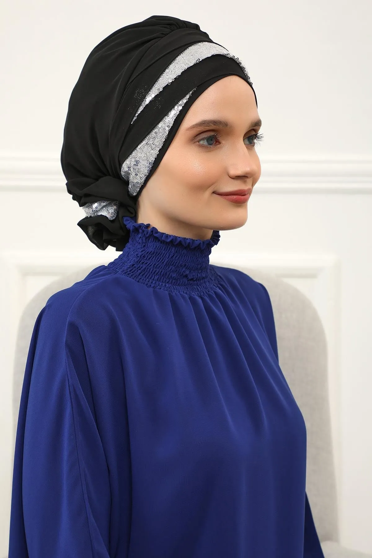 Two Colors Instant Turban Lightweight Chiffon and Sequined Scarf Head Turbans For Women Headwear Stylish Elegant Design,HT-47P
