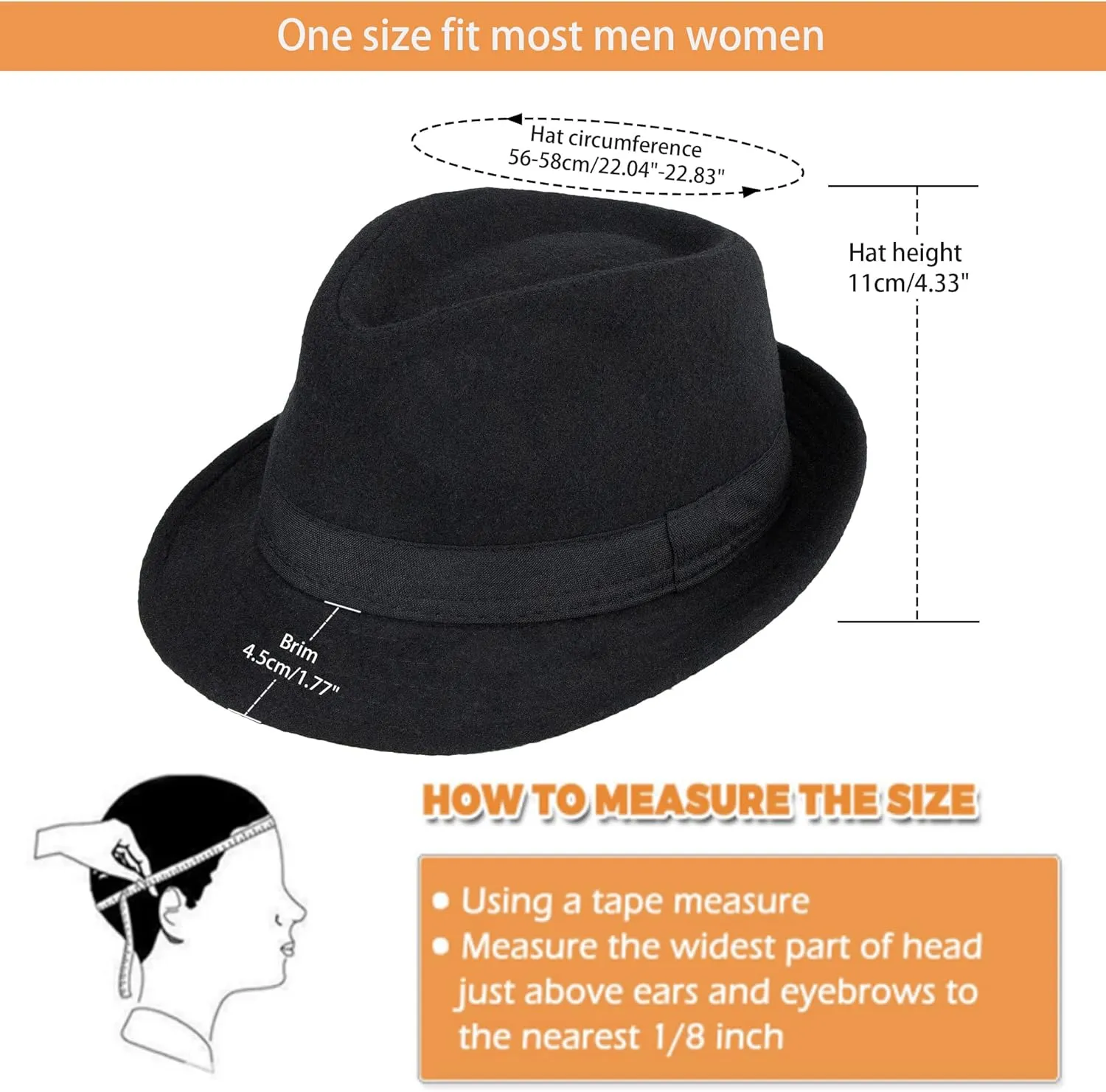 Unisex Classic 20s Trilby Fedora-Hat Casual Manhattan Short-Brim Structured Gangster Panama Felt Jazz Cap