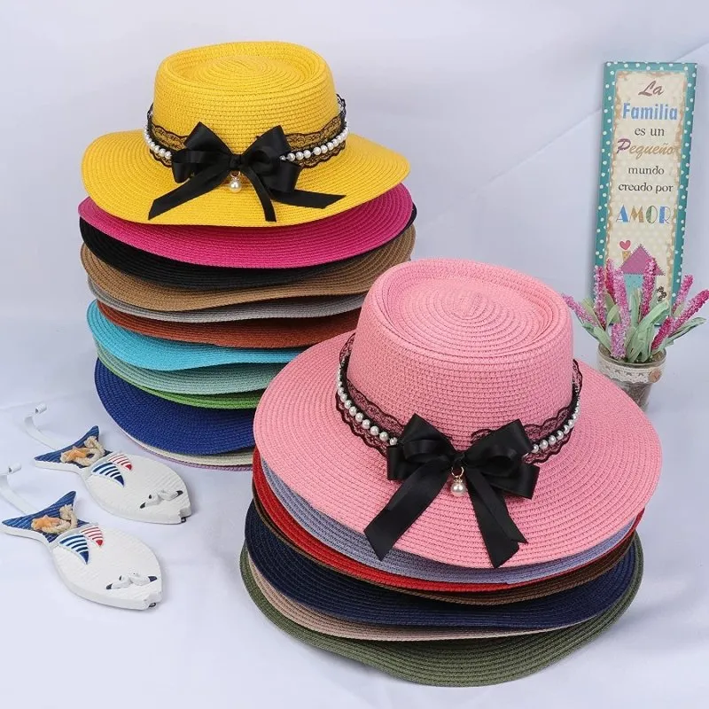 Womens Big Bowknot Wide Brim Concave Top Straw Hat Floppy Summer Sun Beach UPF50 Foldable Fedora Trilby