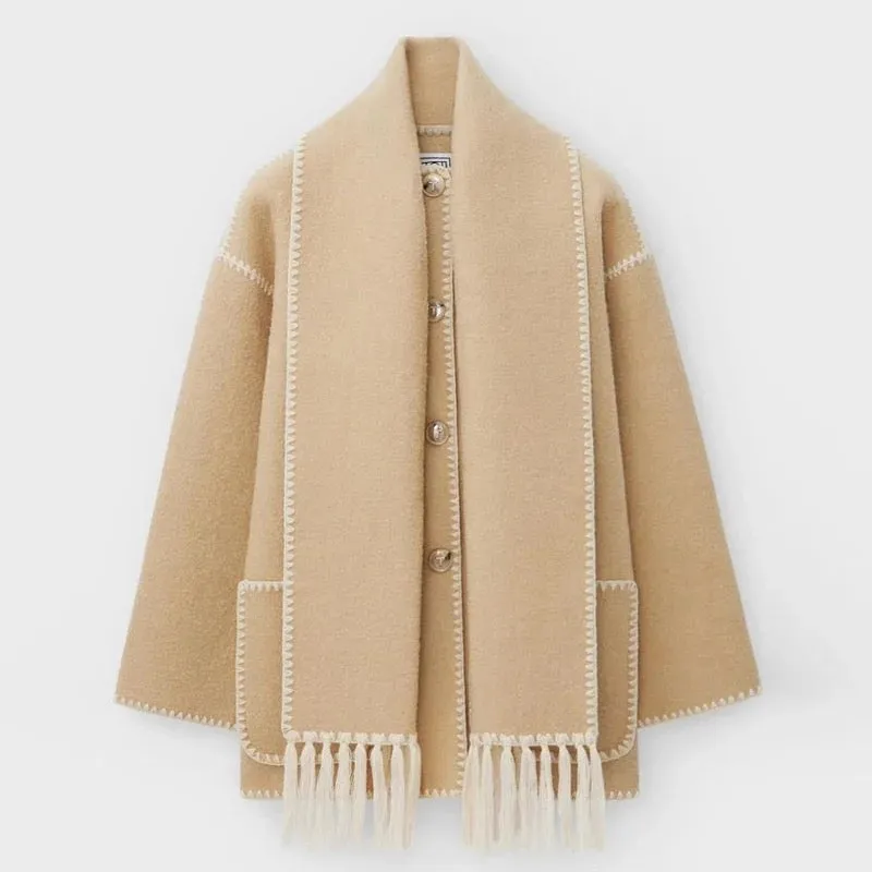 Women's Elegant Embroidery Woolen Coat with Scarf | Ideal for Autumn/Winter