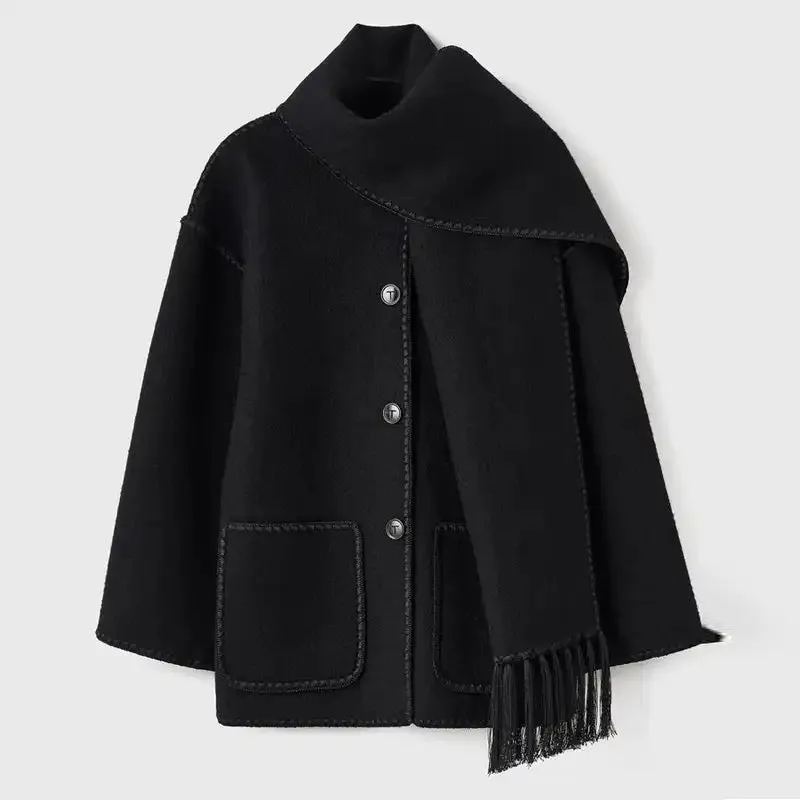 Women's Elegant Embroidery Woolen Coat with Scarf | Ideal for Autumn/Winter