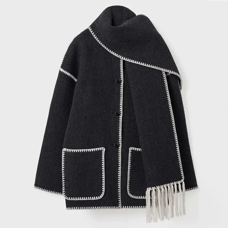 Women's Elegant Embroidery Woolen Coat with Scarf | Ideal for Autumn/Winter