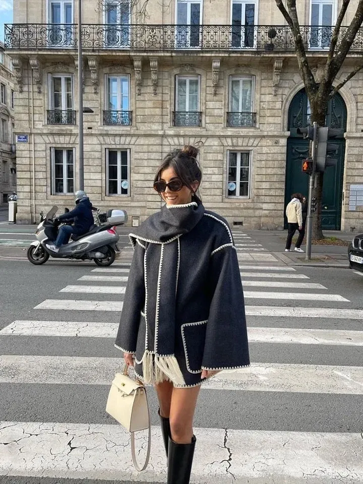 Women's Elegant Embroidery Woolen Coat with Scarf | Ideal for Autumn/Winter