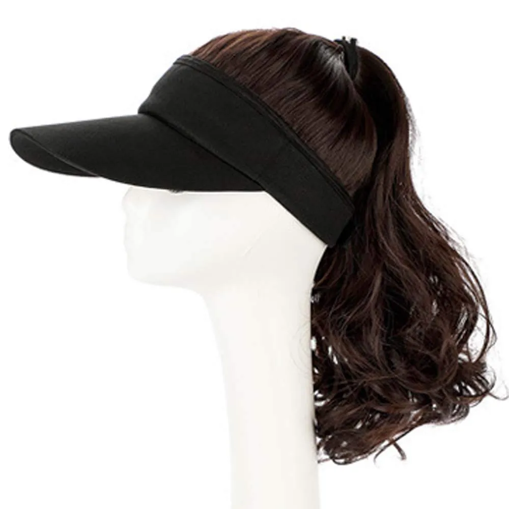 YEKEYI Outdoor Hat Wig Hat with Hair Ponytail Wig Baseball Cap with Hair Brown Black Wavy Women Wig Hats